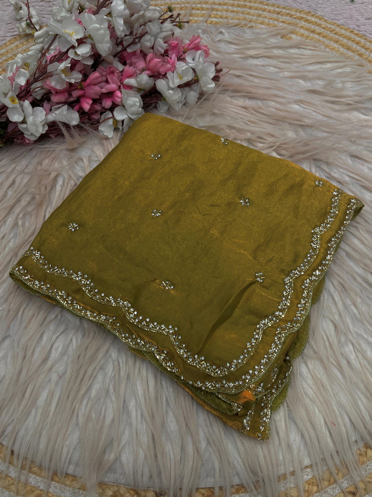 Fandy Sattin Khatli Cut Dana Handwork Saree with Unstitched Blouse