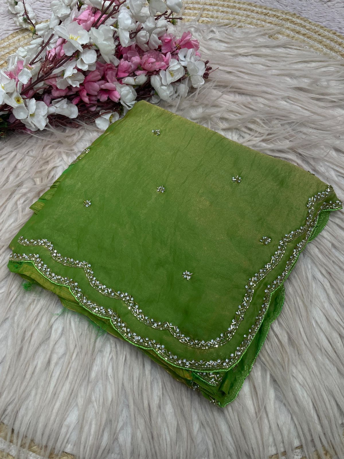 Fandy Sattin Khatli Cut Dana Handwork Saree with Unstitched Blouse