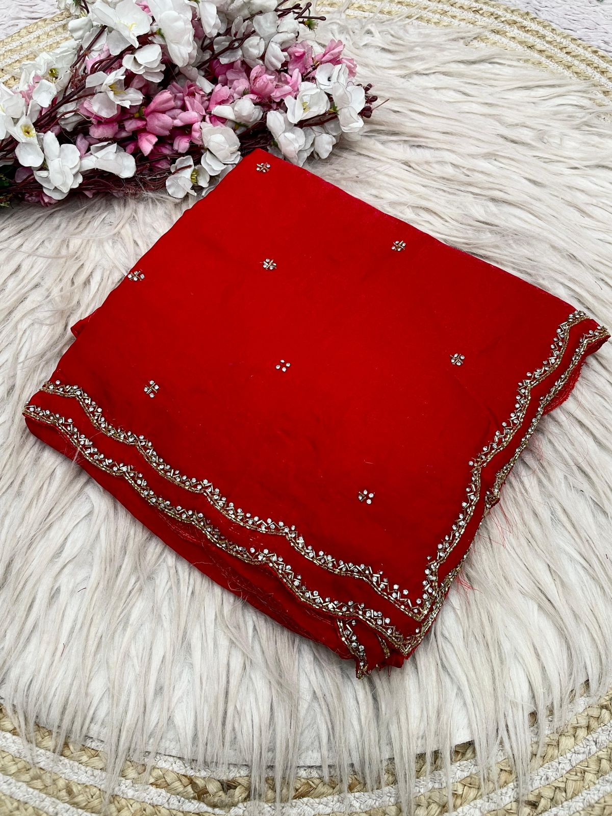 Fandy Sattin Khatli Cut Dana Handwork Saree with Unstitched Blouse