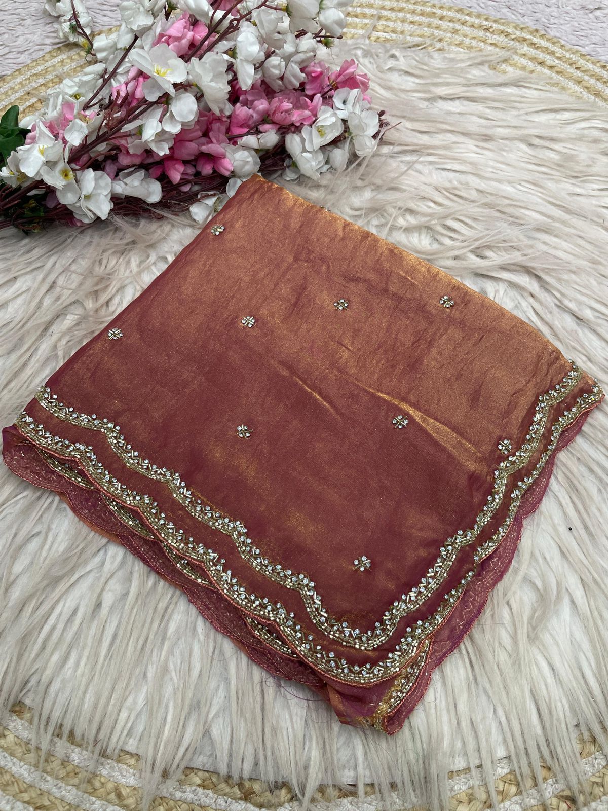 Fandy Sattin Khatli Cut Dana Handwork Saree with Unstitched Blouse