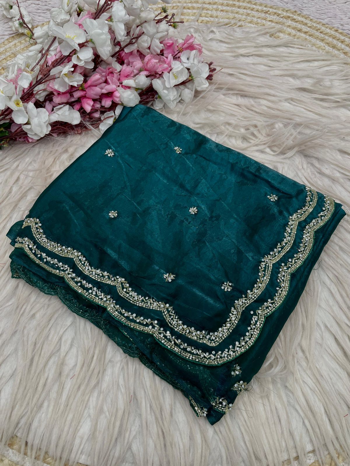 Fandy Sattin Khatli Cut Dana Handwork Saree with Unstitched Blouse