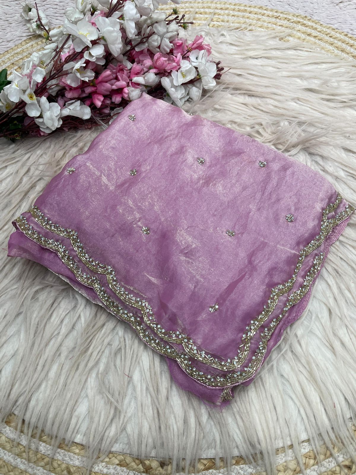 Fandy Sattin Khatli Cut Dana Handwork Saree with Unstitched Blouse