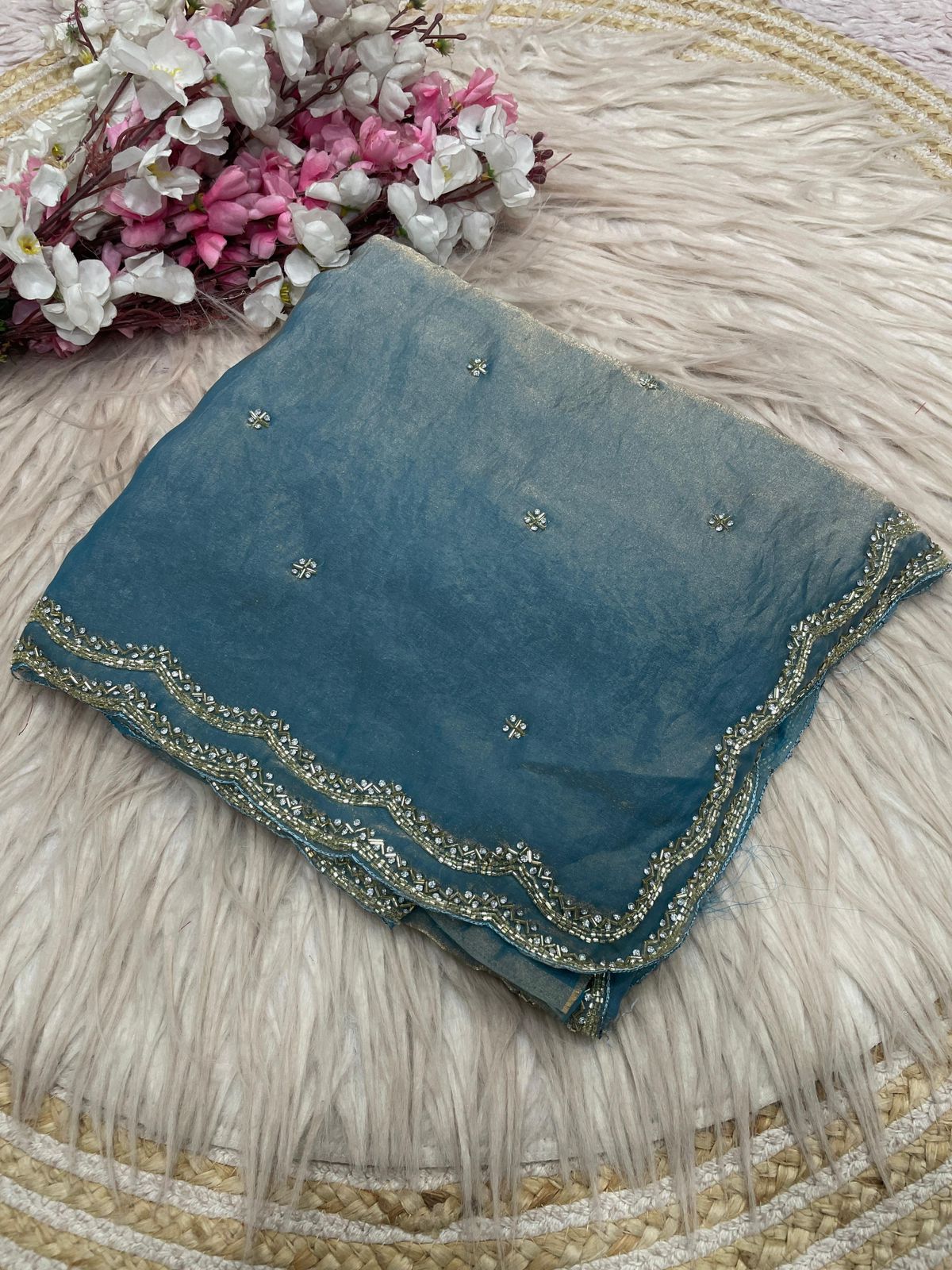 Fandy Sattin Khatli Cut Dana Handwork Saree with Unstitched Blouse
