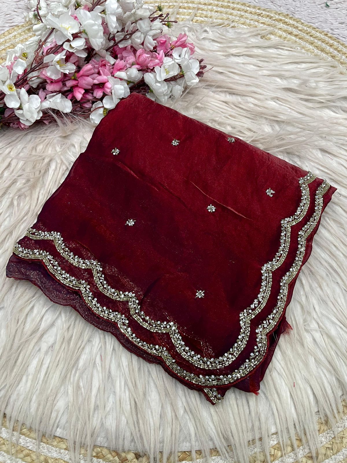 Fandy Sattin Khatli Cut Dana Handwork Saree with Unstitched Blouse
