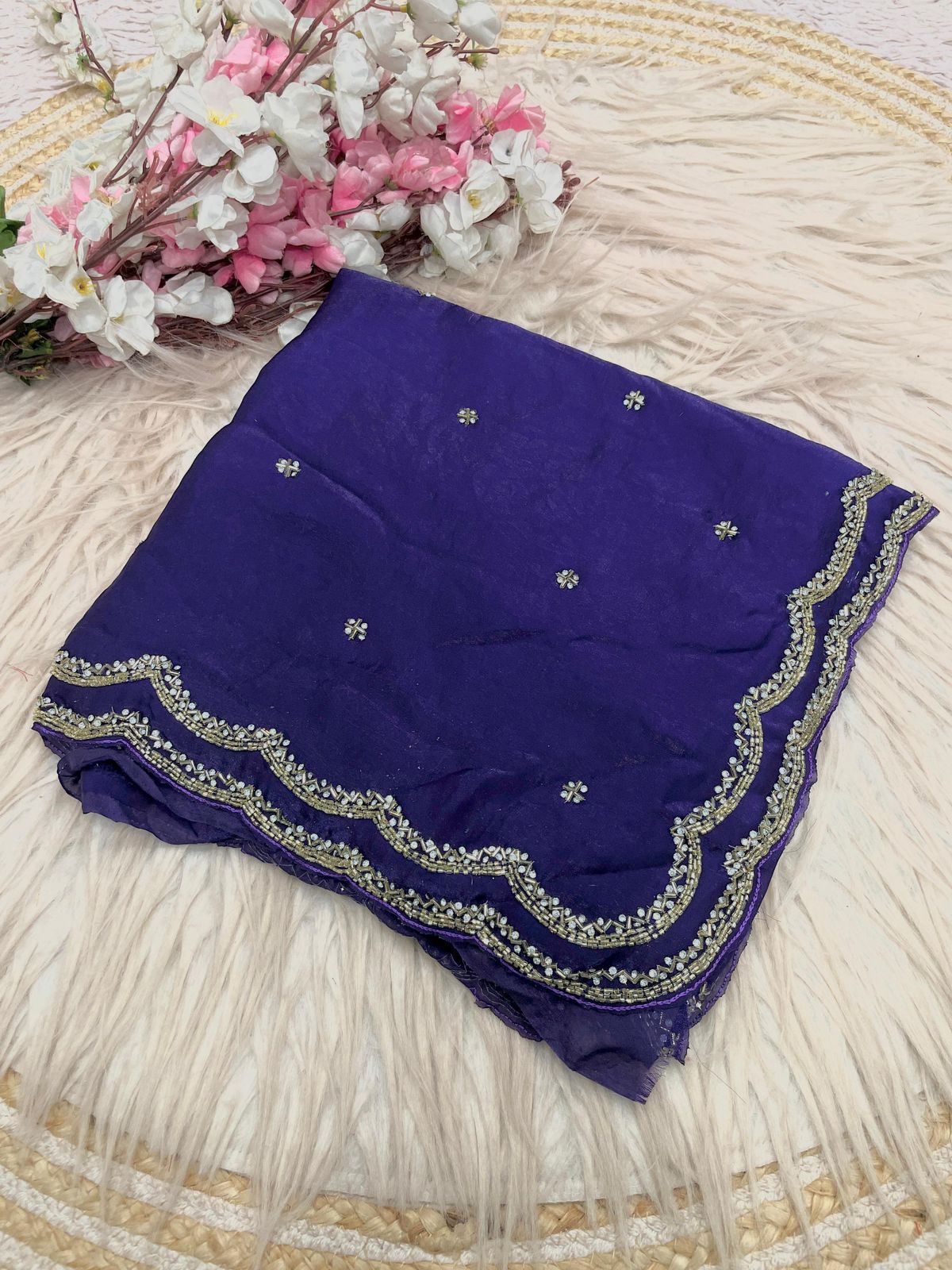 Fandy Sattin Khatli Cut Dana Handwork Saree with Unstitched Blouse