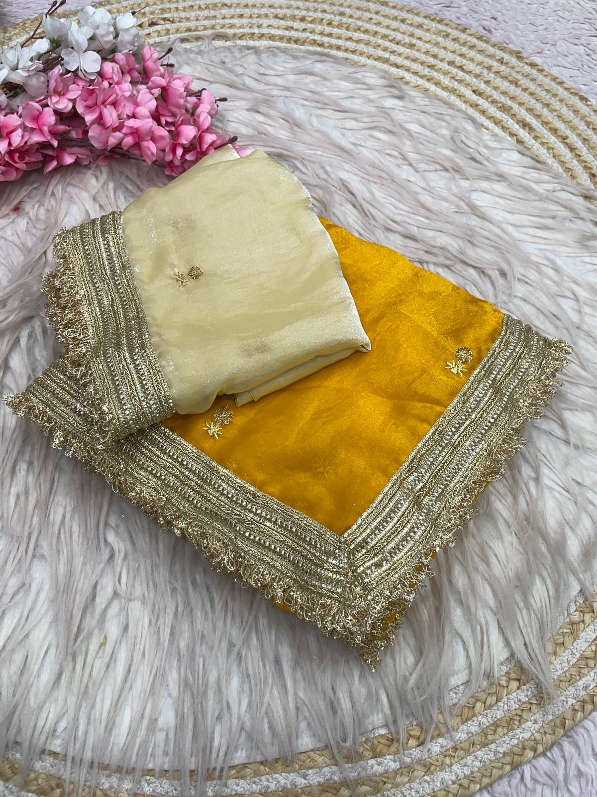Mustard Yellow Fandy Sattin all Over Butti Work Saree With Unstitched Blouse