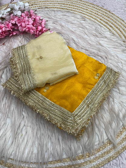 Mustard Yellow Fandy Sattin all Over Butti Work Saree With Unstitched Blouse
