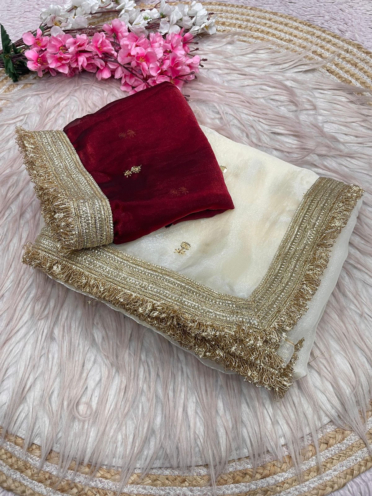 White Fandy Sattin all Over Butti Work Saree With Unstitched Blouse