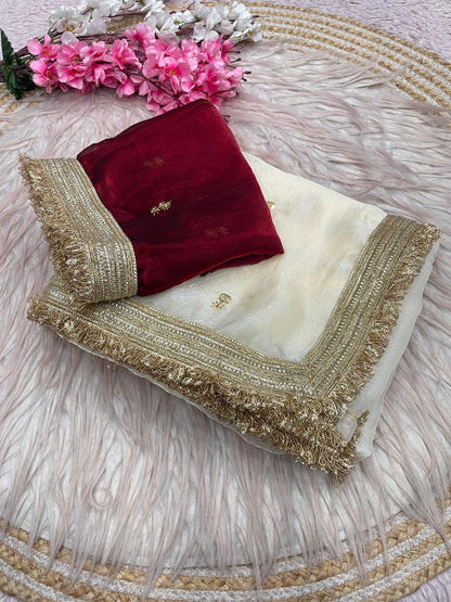 White Fandy Sattin all Over Butti Work Saree With Unstitched Blouse