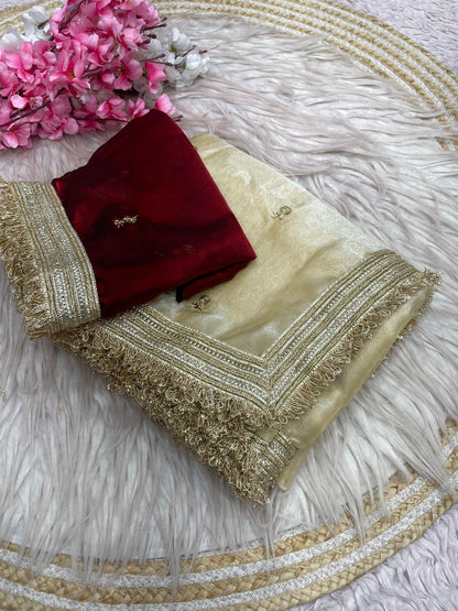 Beige Fandy Sattin all Over Butti Work Saree With Unstitched Blouse