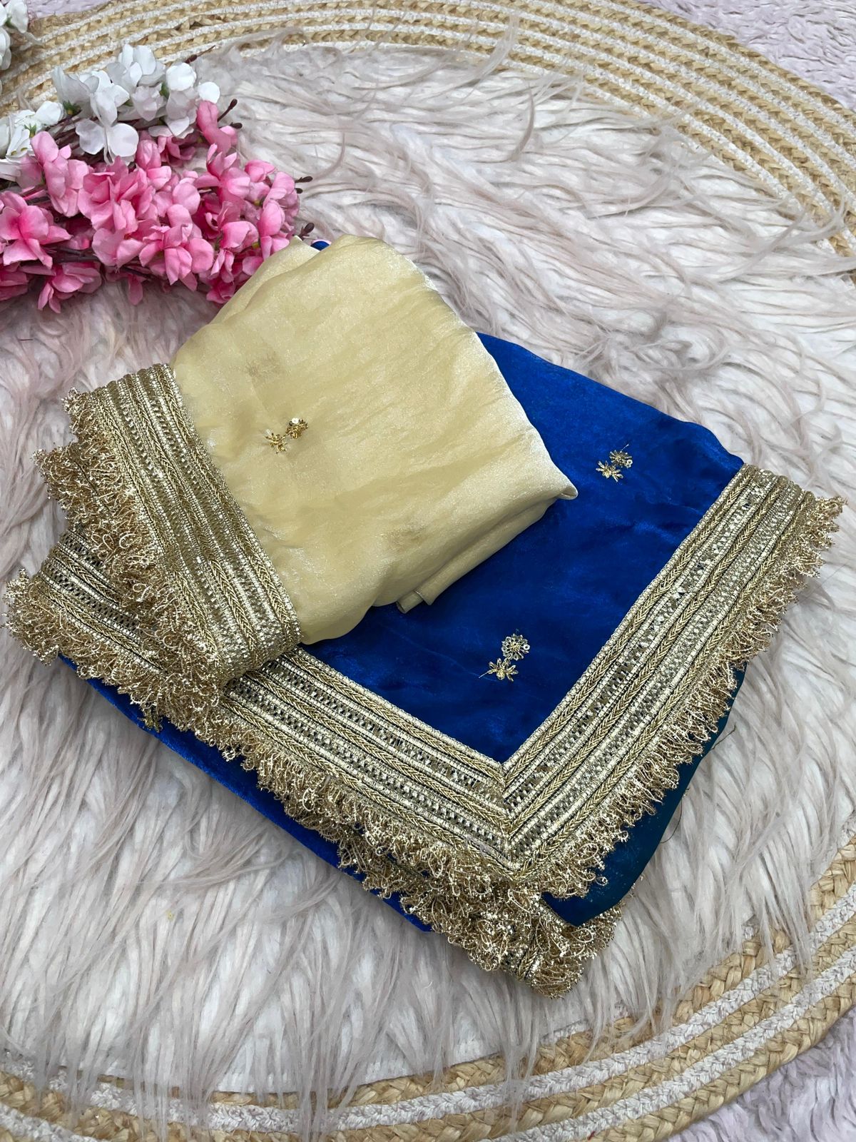 Royal Blue Fandy Sattin all Over Butti Work Saree With Unstitched Blouse