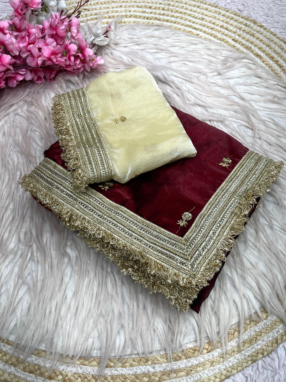 Maroon Fandy Sattin all Over Butti Work Saree With Unstitched Blouse