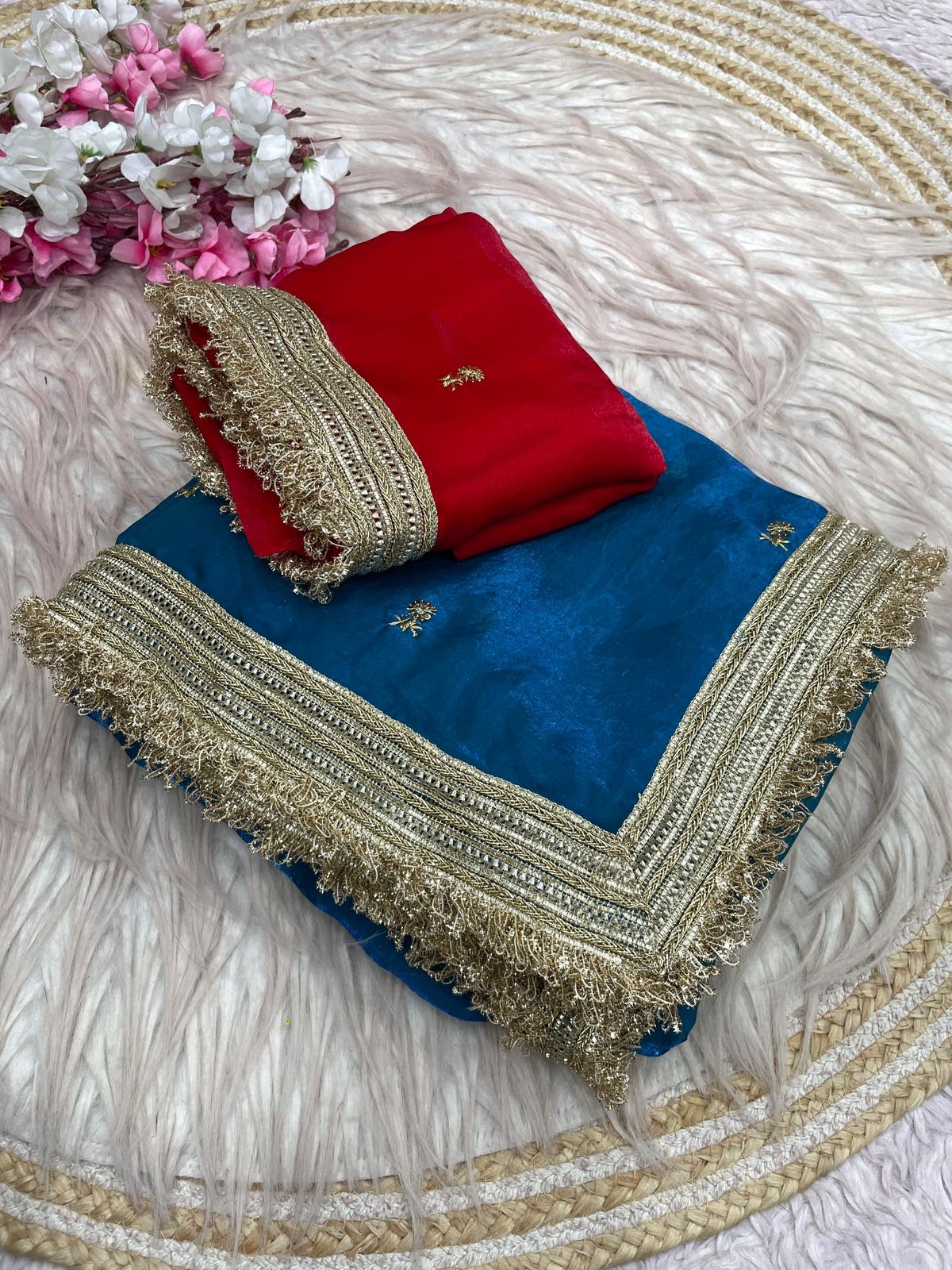 Rama Fandy Sattin all Over Butti Work Saree With Unstitched Blouse