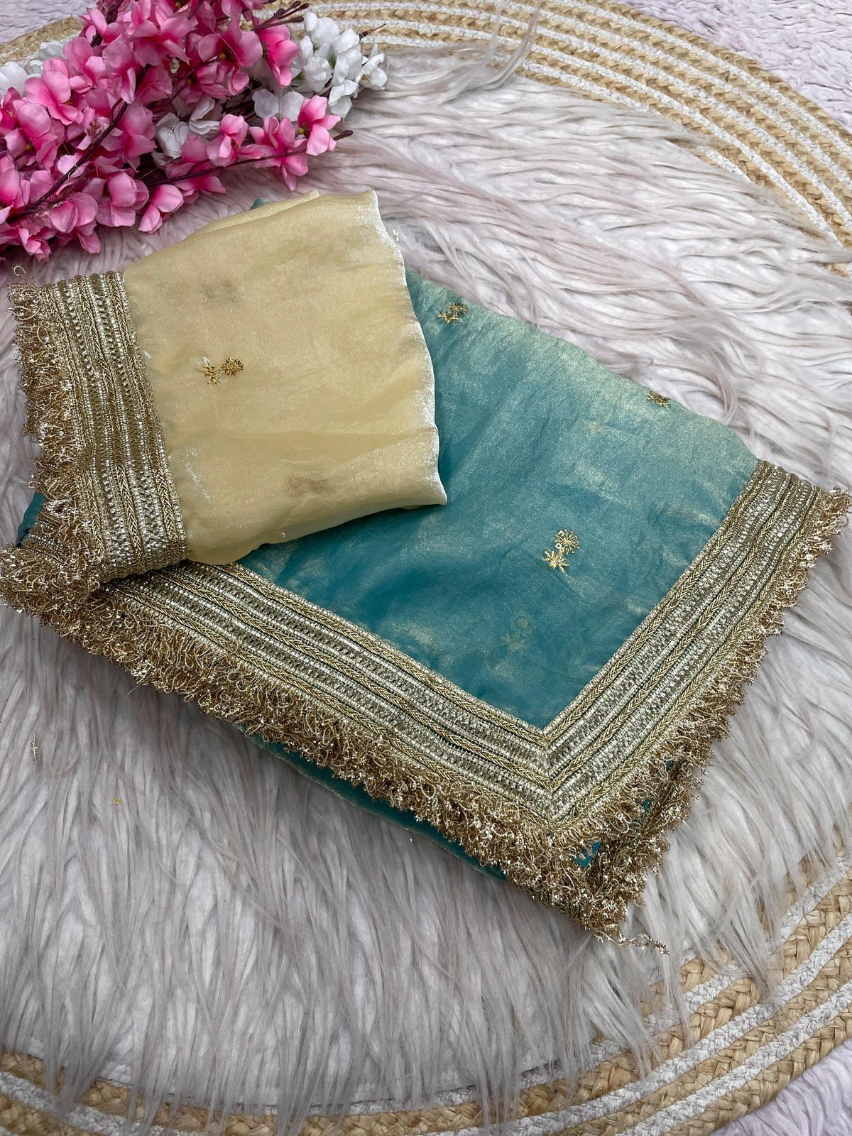 Sea green Fandy Sattin all Over Butti Work Saree With Unstitched Blouse