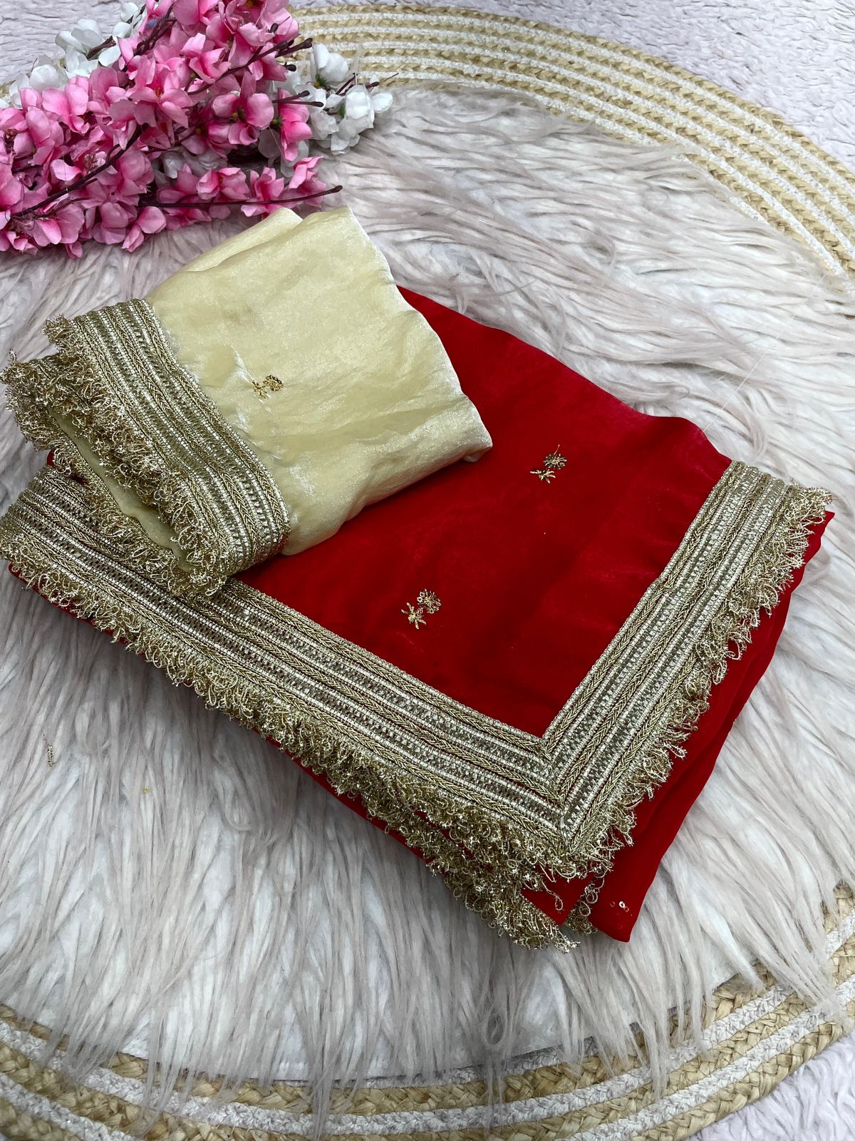 Red Fandy Sattin all Over Butti Work Saree With Unstitched Blouse