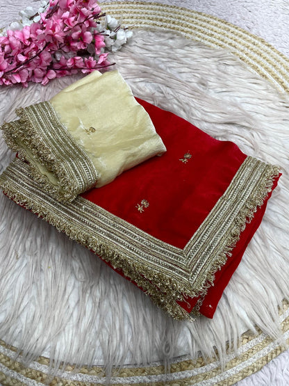 Red Fandy Sattin all Over Butti Work Saree With Unstitched Blouse