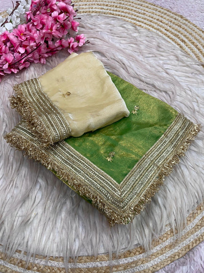 Pista Green Fandy Sattin all Over Butti Work Saree With Unstitched Blouse