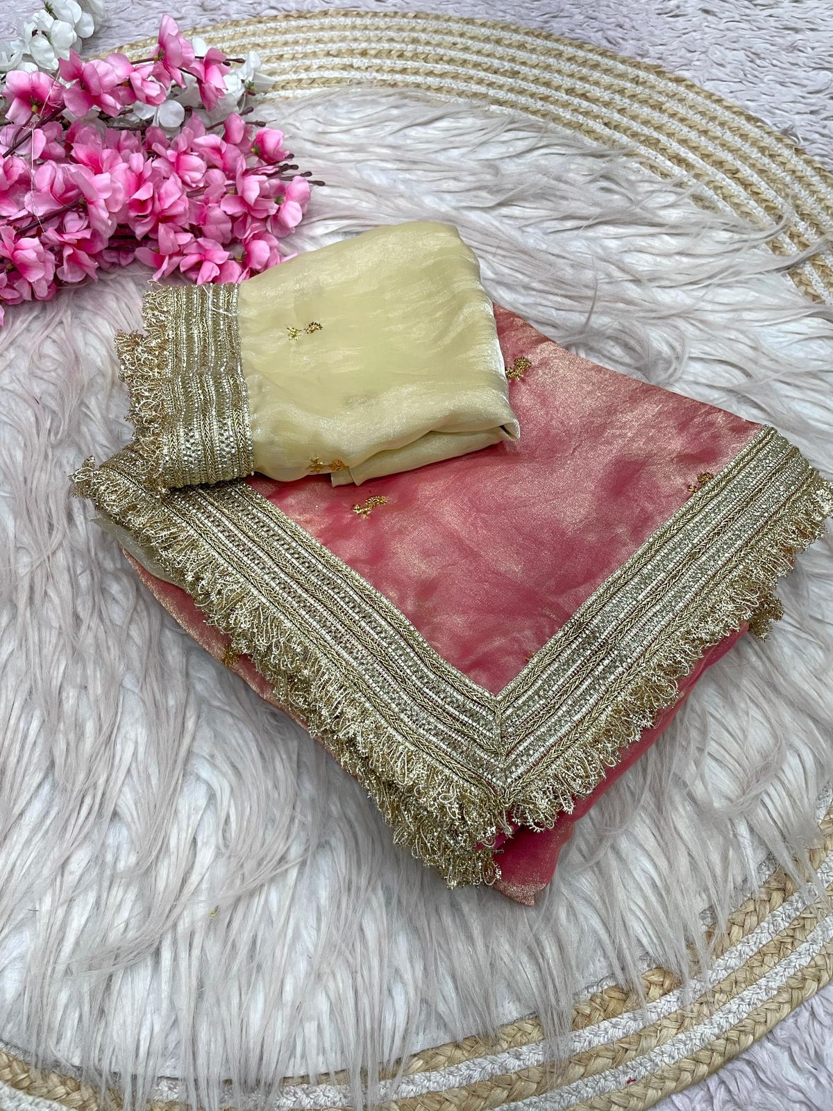 Peach Fandy Sattin all Over Butti Work Saree With Unstitched Blouse