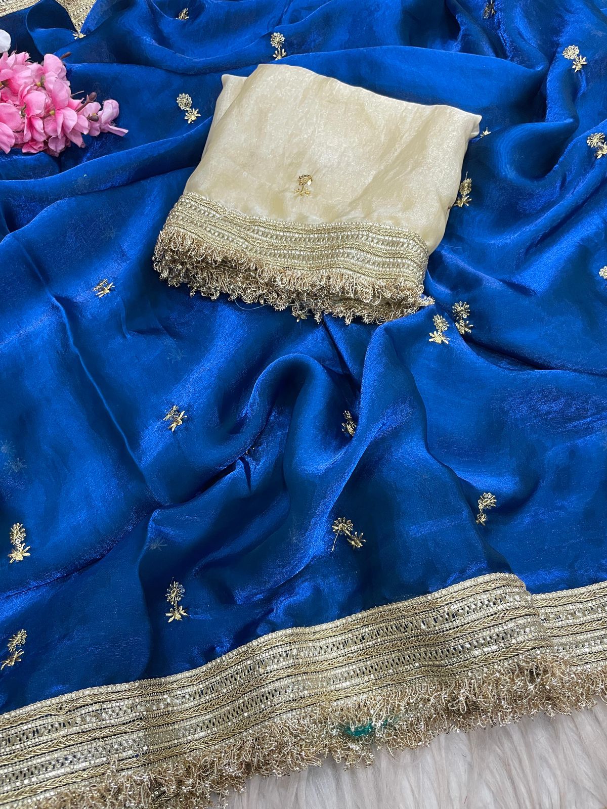 Royal Blue Fandy Sattin all Over Butti Work Saree With Unstitched Blouse
