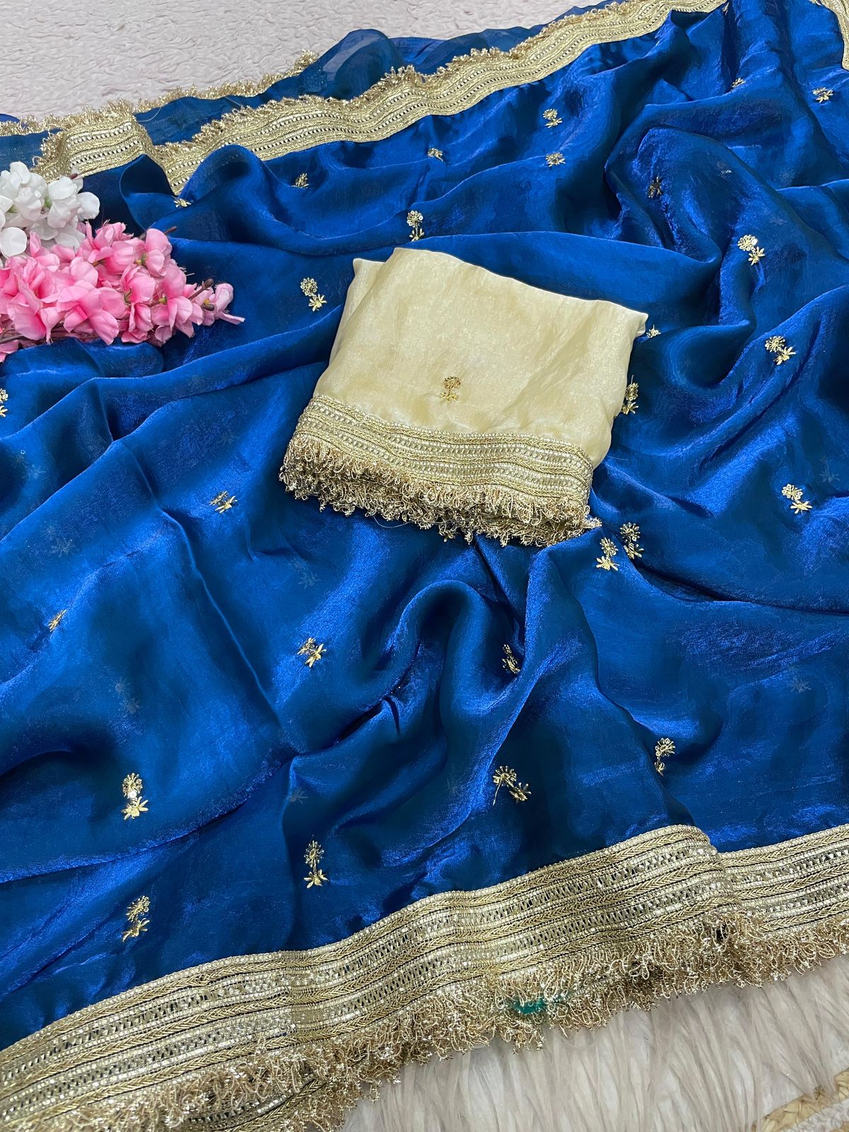 Royal Blue Fandy Sattin all Over Butti Work Saree With Unstitched Blouse