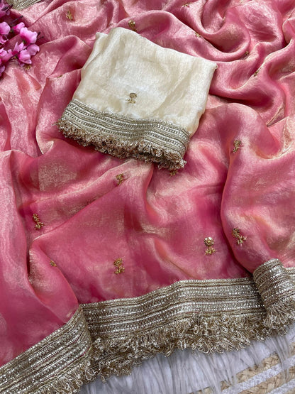 Peach Fandy Sattin all Over Butti Work Saree With Unstitched Blouse