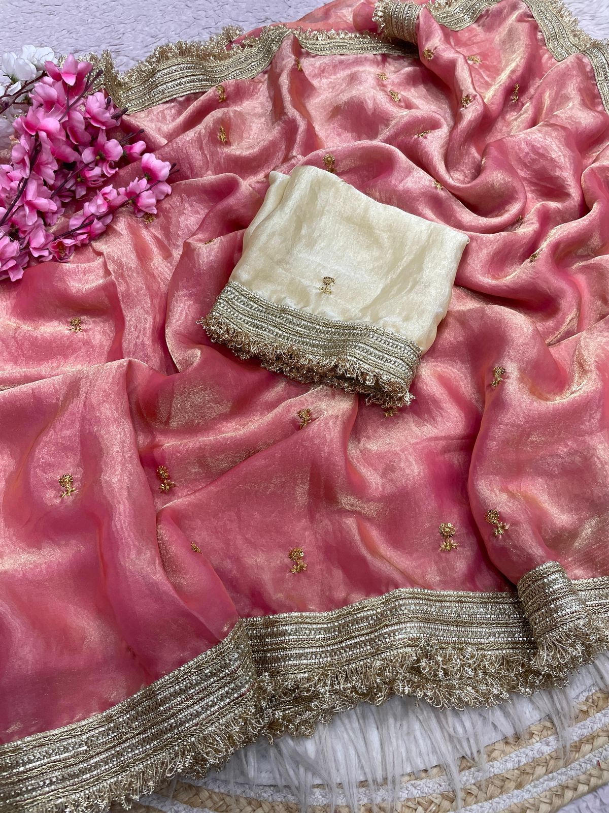 Peach Fandy Sattin all Over Butti Work Saree With Unstitched Blouse