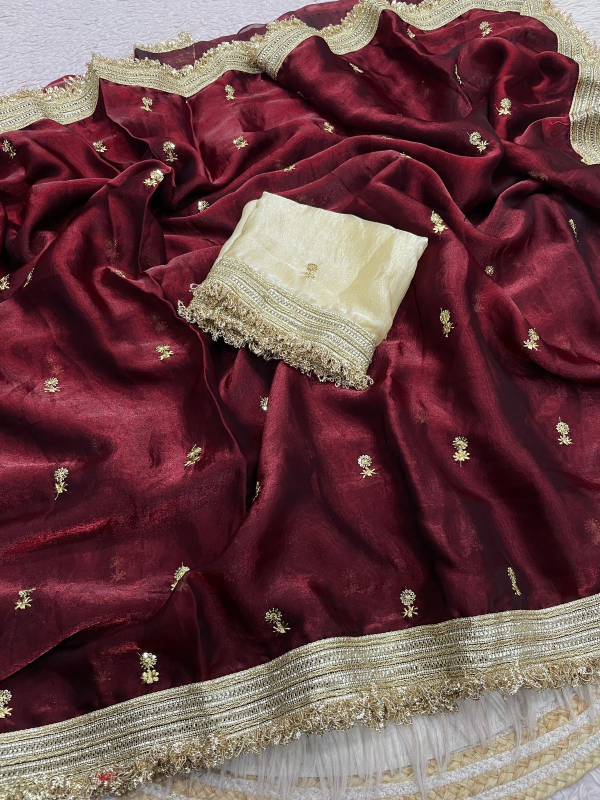 Maroon Fandy Sattin all Over Butti Work Saree With Unstitched Blouse