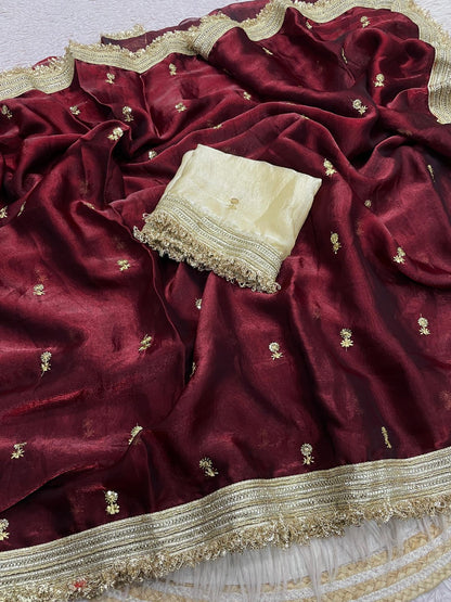 Maroon Fandy Sattin all Over Butti Work Saree With Unstitched Blouse