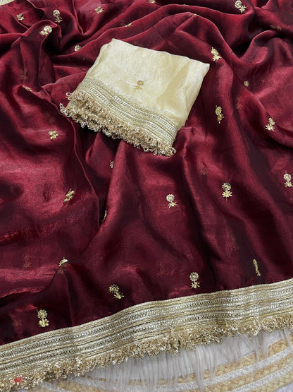 Maroon Fandy Sattin all Over Butti Work Saree With Unstitched Blouse
