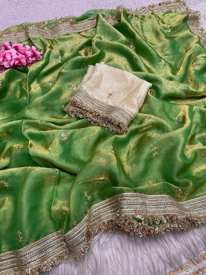 Pista Green Fandy Sattin all Over Butti Work Saree With Unstitched Blouse