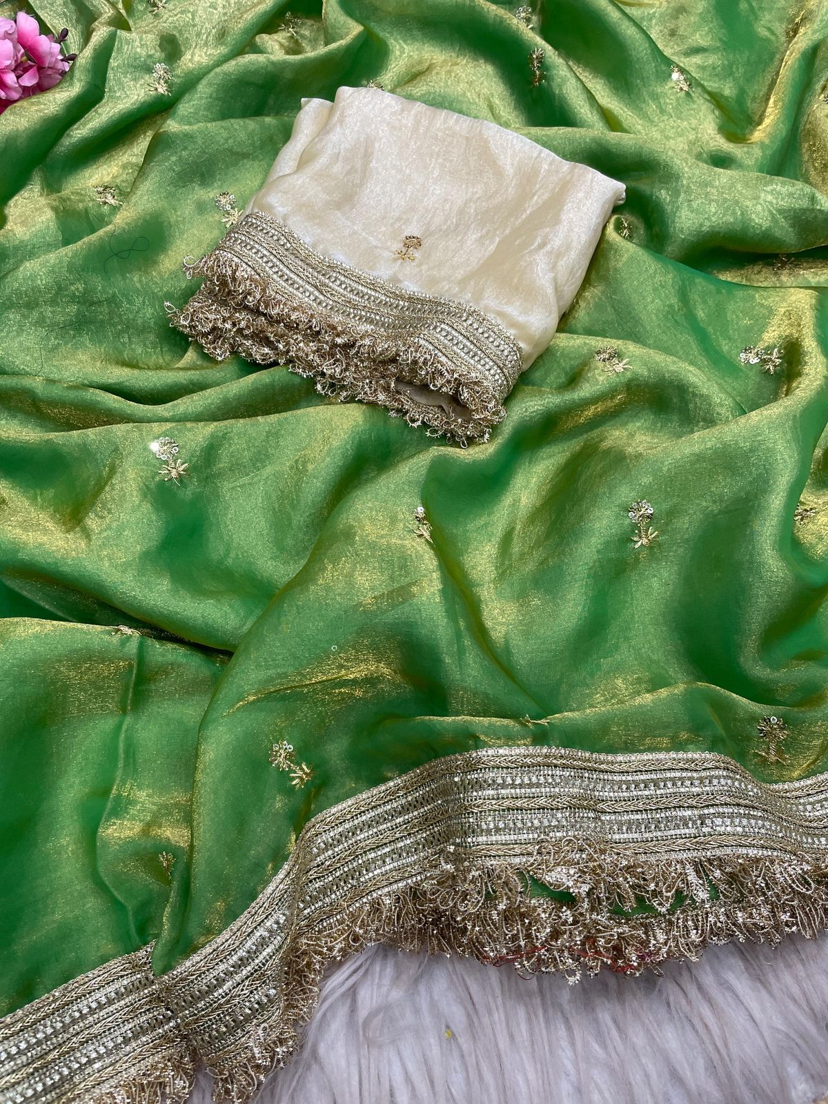 Pista Green Fandy Sattin all Over Butti Work Saree With Unstitched Blouse