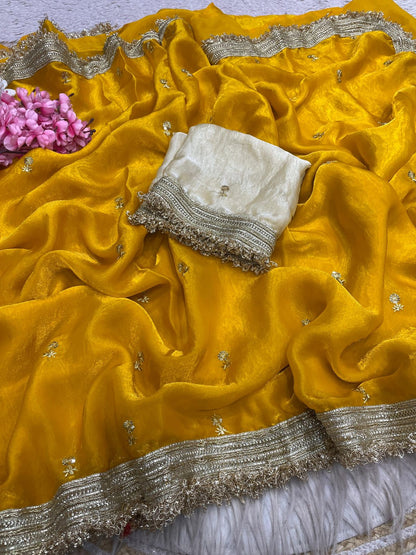 Mustard Yellow Fandy Sattin all Over Butti Work Saree With Unstitched Blouse