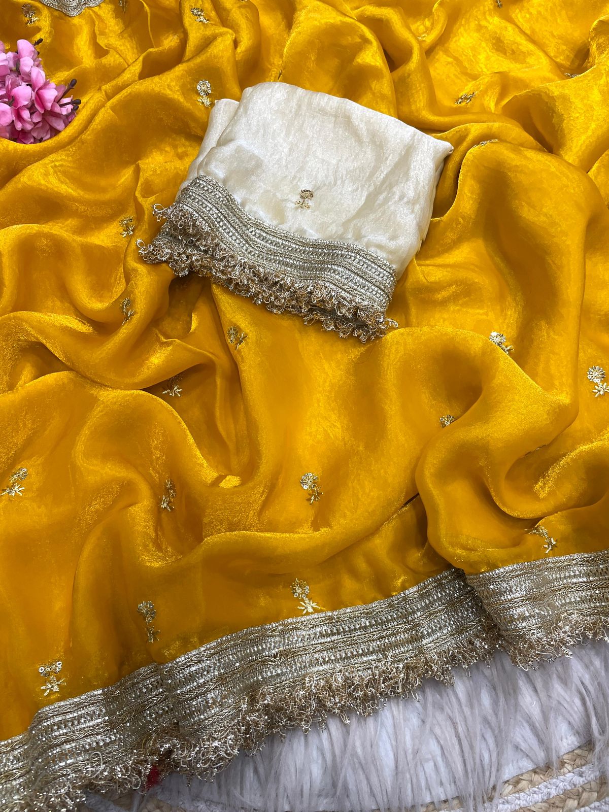 Mustard Yellow Fandy Sattin all Over Butti Work Saree With Unstitched Blouse