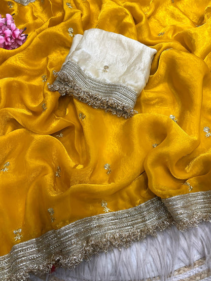 Mustard Yellow Fandy Sattin all Over Butti Work Saree With Unstitched Blouse