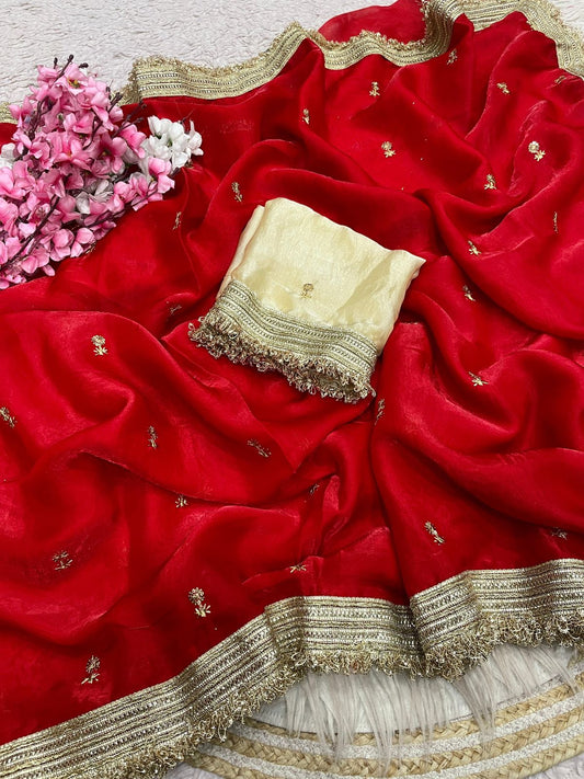 Red Fandy Sattin all Over Butti Work Saree With Unstitched Blouse