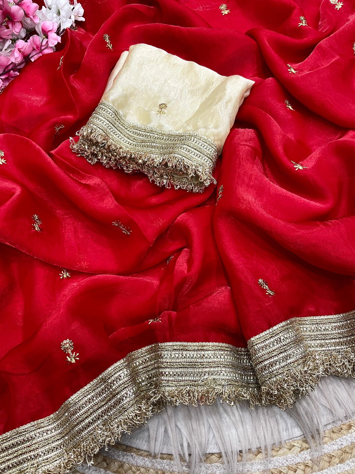 Red Fandy Sattin all Over Butti Work Saree With Unstitched Blouse