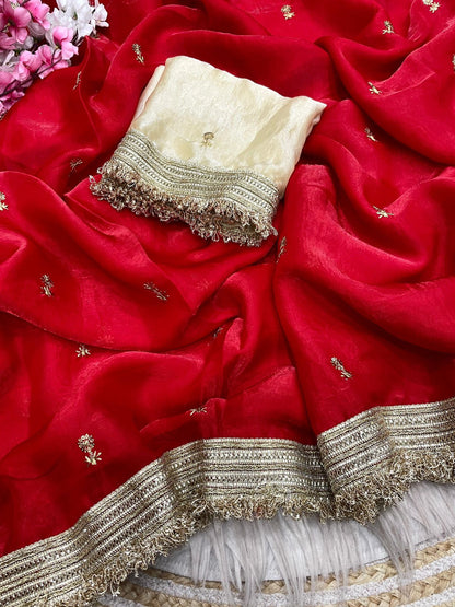 Red Fandy Sattin all Over Butti Work Saree With Unstitched Blouse
