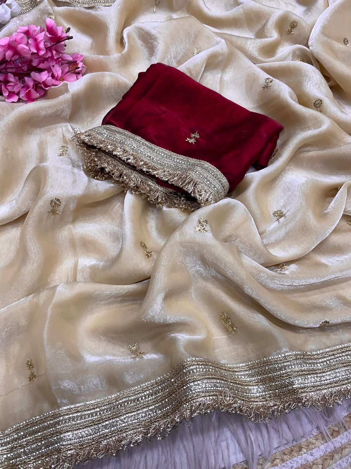Beige Fandy Sattin all Over Butti Work Saree With Unstitched Blouse