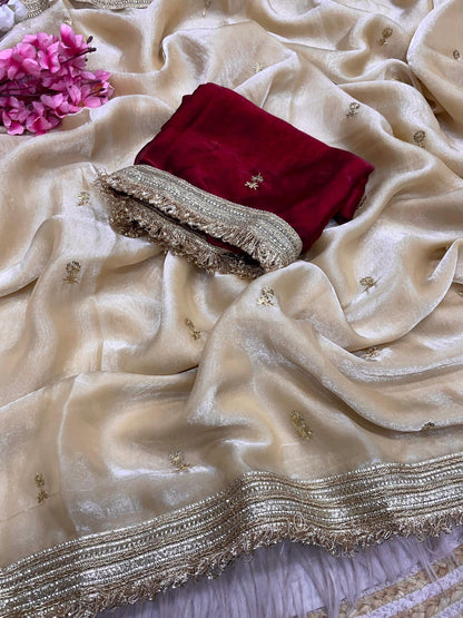 Beige Fandy Sattin all Over Butti Work Saree With Unstitched Blouse