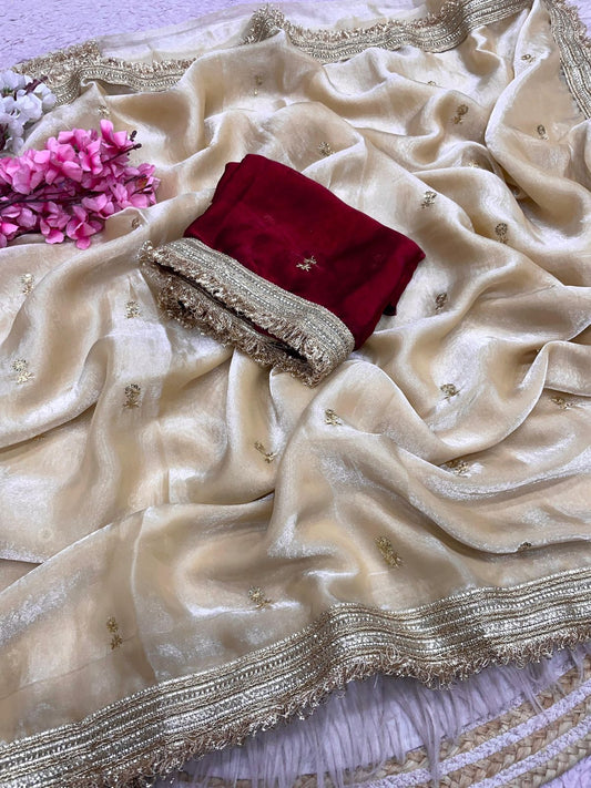 Beige Fandy Sattin all Over Butti Work Saree With Unstitched Blouse