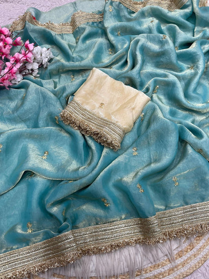 Sea green Fandy Sattin all Over Butti Work Saree With Unstitched Blouse