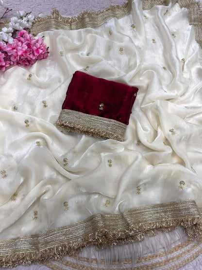 White Fandy Sattin all Over Butti Work Saree With Unstitched Blouse