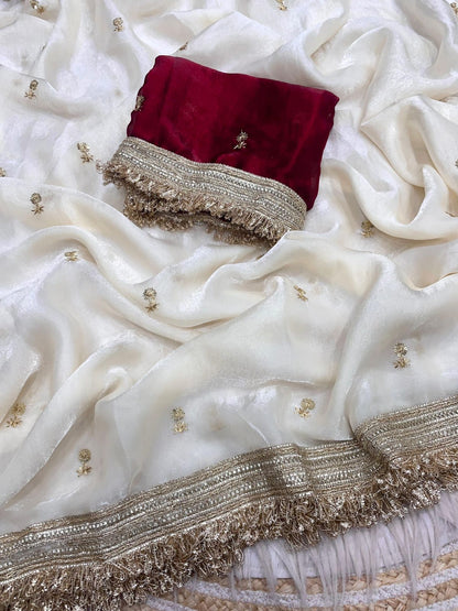 White Fandy Sattin all Over Butti Work Saree With Unstitched Blouse