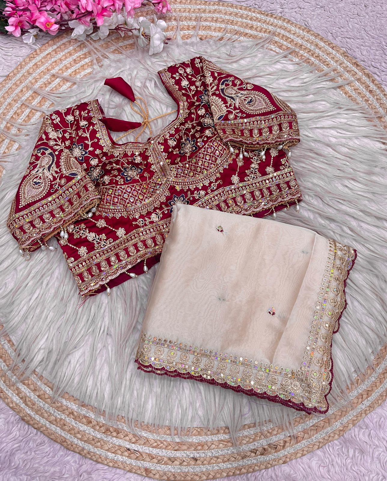 Beige Rangoli Silk Embroidery work Saree with Maroon Ready To Wear Blouse