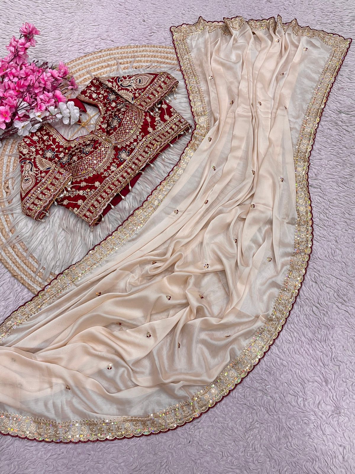 Beige Rangoli Silk Embroidery work Saree with Maroon Ready To Wear Blouse
