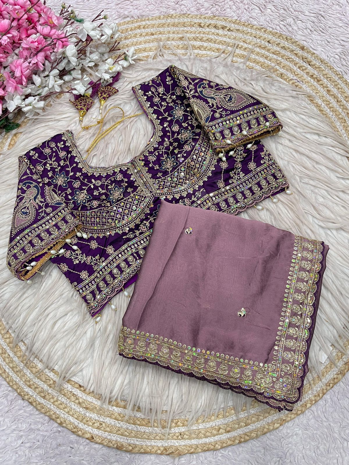 Onion Pink Rangoli Silk Embroidery work Saree with Wine Ready To Wear Blouse