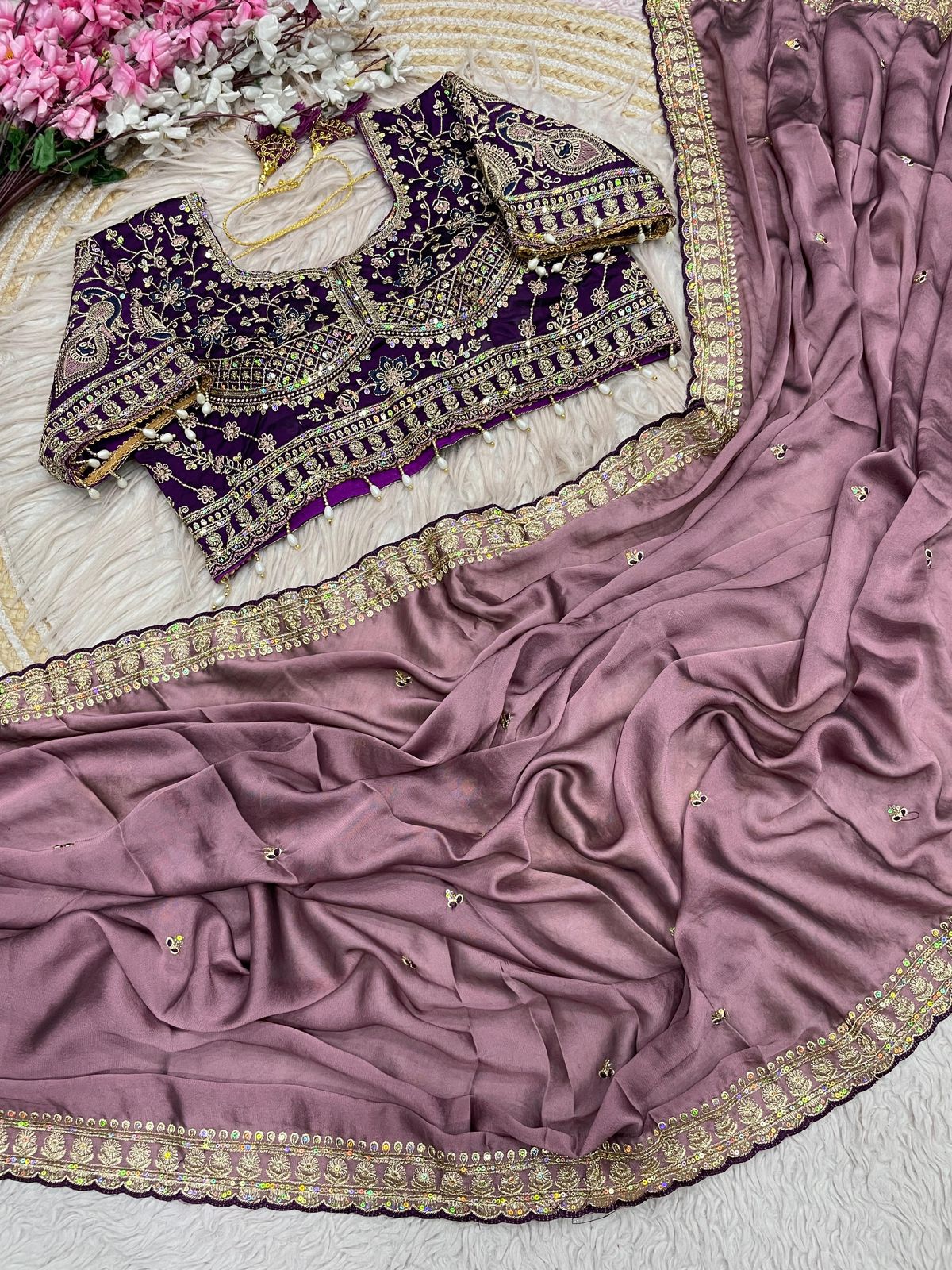 Onion Pink Rangoli Silk Embroidery work Saree with Wine Ready To Wear Blouse