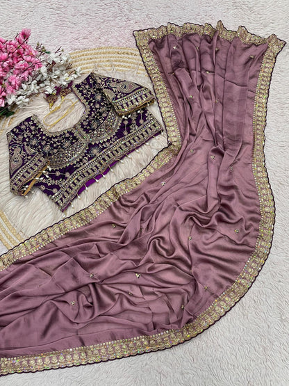 Onion Pink Rangoli Silk Embroidery work Saree with Wine Ready To Wear Blouse
