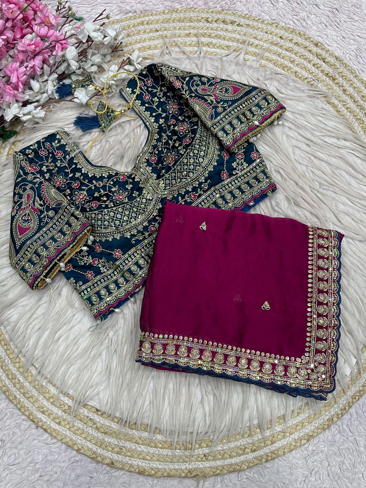 Magenta Wine Rangoli Silk Embroidery work Saree with Morpich Ready To Wear Blouse