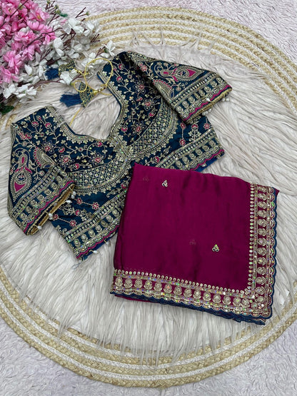 Magenta Wine Rangoli Silk Embroidery work Saree with Morpich Ready To Wear Blouse